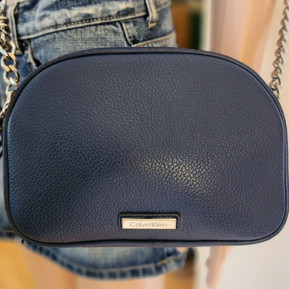 Vintage Calvin Klein Blue Vegan Crossbody Bag Structured Minimalist Design - Picture 3 of 16